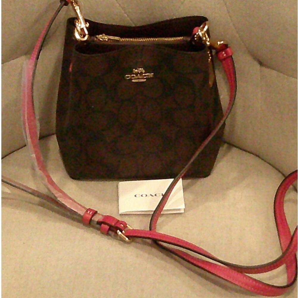 Coach Mini Town Bucket Bag In Signature Brown Canvas Pink Strap New W/Out Tags